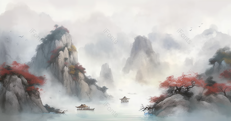 江中亭台观景台水墨山水画中国风背景,插画/手绘图,插画/手绘图库,插画/手绘图下载,插画/手绘